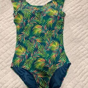 Lands' End Women's One Piece Swimsuit - Green Leaf Pattern